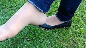 intense shoeplay and toe dipping with tan nylons and flats on the floor