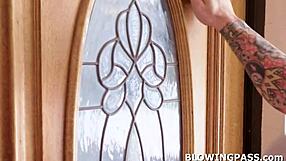 Busty milf giving hunk stranger blowjob