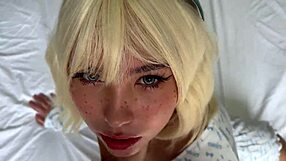 Shes all covered in cum from the bodybuilder's huge load, moaning loudly