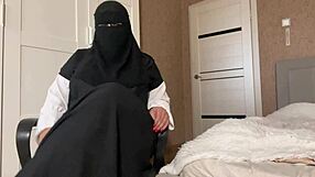 Stepmom in hijab shows pantyhose to her stepson.