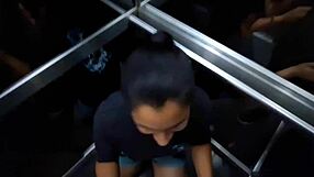 Risky blowjob in the elevator with ball licking and deepthroat leading to facial cumshot.