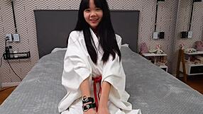 girl in white kimono enjoys romantic sex