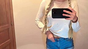 cute girl films herself in the mirror before going to college and gets very horny