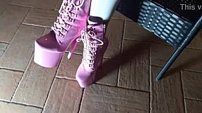 Woman sits in chair wearing pantyhose and high heeled boots