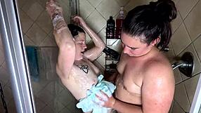 mature and young lesbians lick pussy in soapy shower