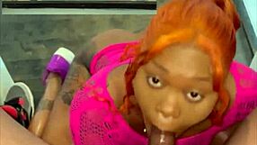 curvy ebony pornstar gives sloppy head on the stairs