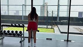 fucking hot gym member after her training session, bent over and riding hard