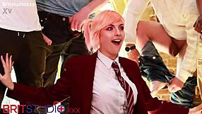 Wow, hot college student experiences her first blowbang with cum everywhere!