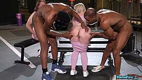 Blonde milf kay carter cuckolds hubby with two large black cocks at gym