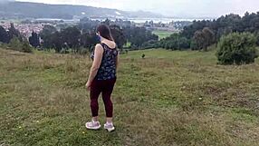 Amateur mother-in-law exhibits in the forest with stepson