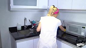 blonde latina maid at work in garage