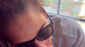 lightskin ebony slut little 18+ step-sister giving blowjob in front of window gets cum on her face while her boyfriend is looking for her