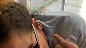 lightskin ebony slut little 18+ step-sister giving blowjob in front of window gets cum on her face while her boyfriend is looking for her