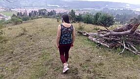 Amateur mother-in-law exhibits in the forest with stepson