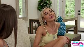 Maya Woulfe and Chloe Temple explore stepbrother's cum in a playful group session