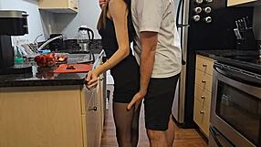 Petite Step Sister In Black Dress Fucked Hard On Desk In Kitchen
