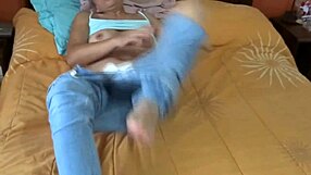 my excited wife pulls down her jeans to masturbate and get fucked 😏