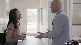 Daddy's aged cock fucks Kendra Spades' Asian pussy on top after sloppy blowjob