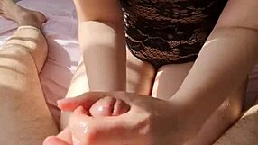 Hot sunny gives an intense handjob to her partner