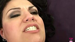 bbw woman caresses shaved pussy while guy drills big cock.