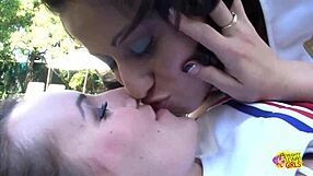 These two naughty lesbian angels had so much fun kissing passionately outdoors in the garden
