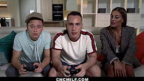 Twin stepmoms fuck their stepsons in hardcore group sex with blowjobs and riding.