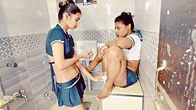 Two girls sharing a dick in desi scene.