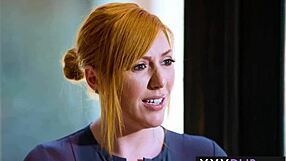 Redhead milf Lauren Phillips massages client then gives extra rough titty fuck