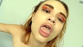 a real blonde teen gets her throat deeply fucked by a massive cock in a sloppy blowjob session