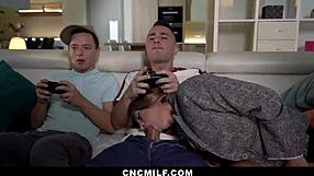 Twin stepmoms fuck their stepsons in hardcore group sex with blowjobs and riding.