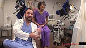 Jackie Banes the latex nurse humiliates patient spreading small tits in hospital