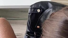 Quick sex with hot teen in leather jacket - pov vertical sex