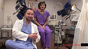 Jackie Banes the latex nurse humiliates patient spreading small tits in hospital