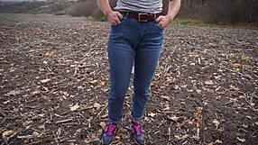 Milf Teases Her Big Cameltoe In Tight Blue Jeans Outdoors