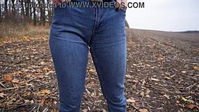 Milf Teases Her Big Cameltoe In Tight Blue Jeans Outdoors