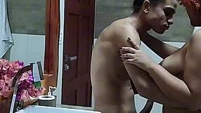 Hot latina's hotel bathroom cumshot