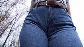 Milf Teases Her Big Cameltoe In Tight Blue Jeans Outdoors