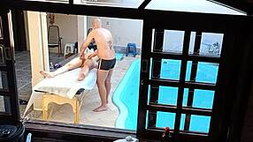 i took her for poolside massage but she spread oiled tits for public handjob blowjob and fingering