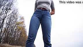 Milf Teases Her Big Cameltoe In Tight Blue Jeans Outdoors