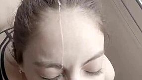 Cute Brunette Teen Receives Facial Cumshot in Homemade Scene Again.