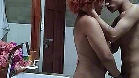 Hot latina's hotel bathroom cumshot