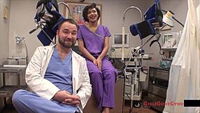 Jackie Banes the latex nurse humiliates patient spreading small tits in hospital