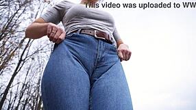 Milf Teases Her Big Cameltoe In Tight Blue Jeans Outdoors