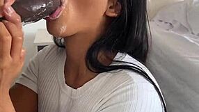 Amateur couple Nysdel crams huge meat dildo satisfying ebony desires with deepthroat cum swallow.