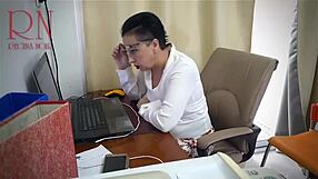 curvy secretary rams juicy shaved pussy with dildo at work