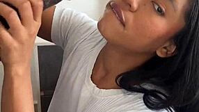 Amateur couple Nysdel crams huge meat dildo satisfying ebony desires with deepthroat cum swallow.