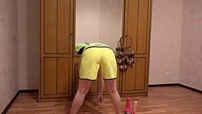 Gymnast brunette milf gapes hairy asshole with dildo in acrobatic solo anal masturbation