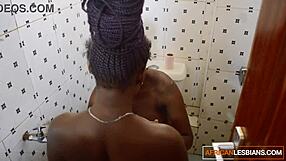 Man, ebony lesbian couple with big tits goes wild on bathroom floor