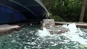 playful lesbian teens lick shaved pussies closeup at pool with toys