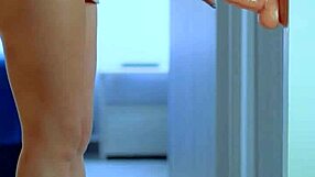 Sexy college teen in dress sneakers shaves pussy for wet dildo ass play